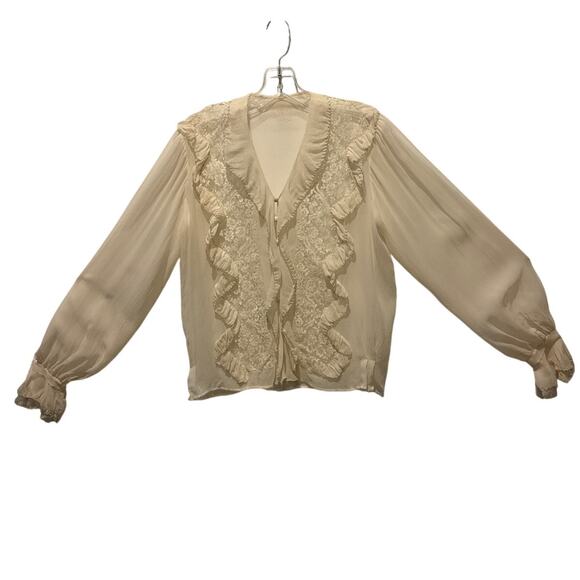 Unlabeled Vintage Cream Chiffon Lace Ruffle Blouse with Double Cuffs medium - Picture 5 of 15